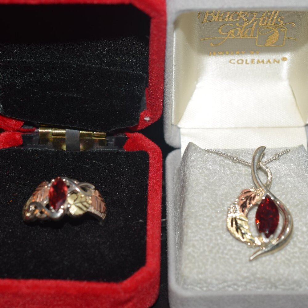 2 Sterling Garnet 12k. Black Hills Gold Necklace Ring Set January Birth Stone